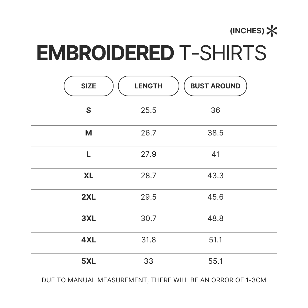 Embroidered T shirt Size Chart - Corgi Merch